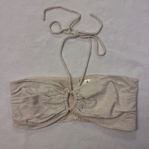Beige Ruched Bandeau Halter Top|linen brunch summer
